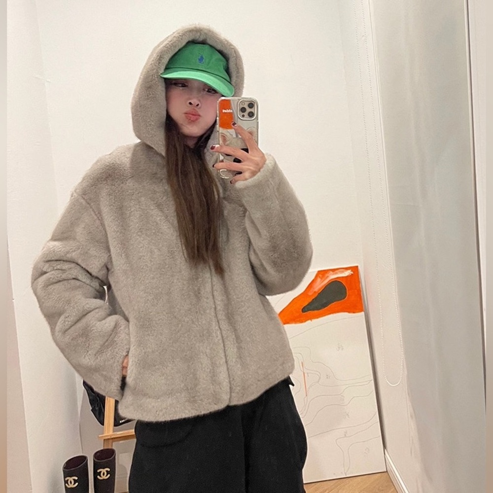 Grey faux fur hooded jacket